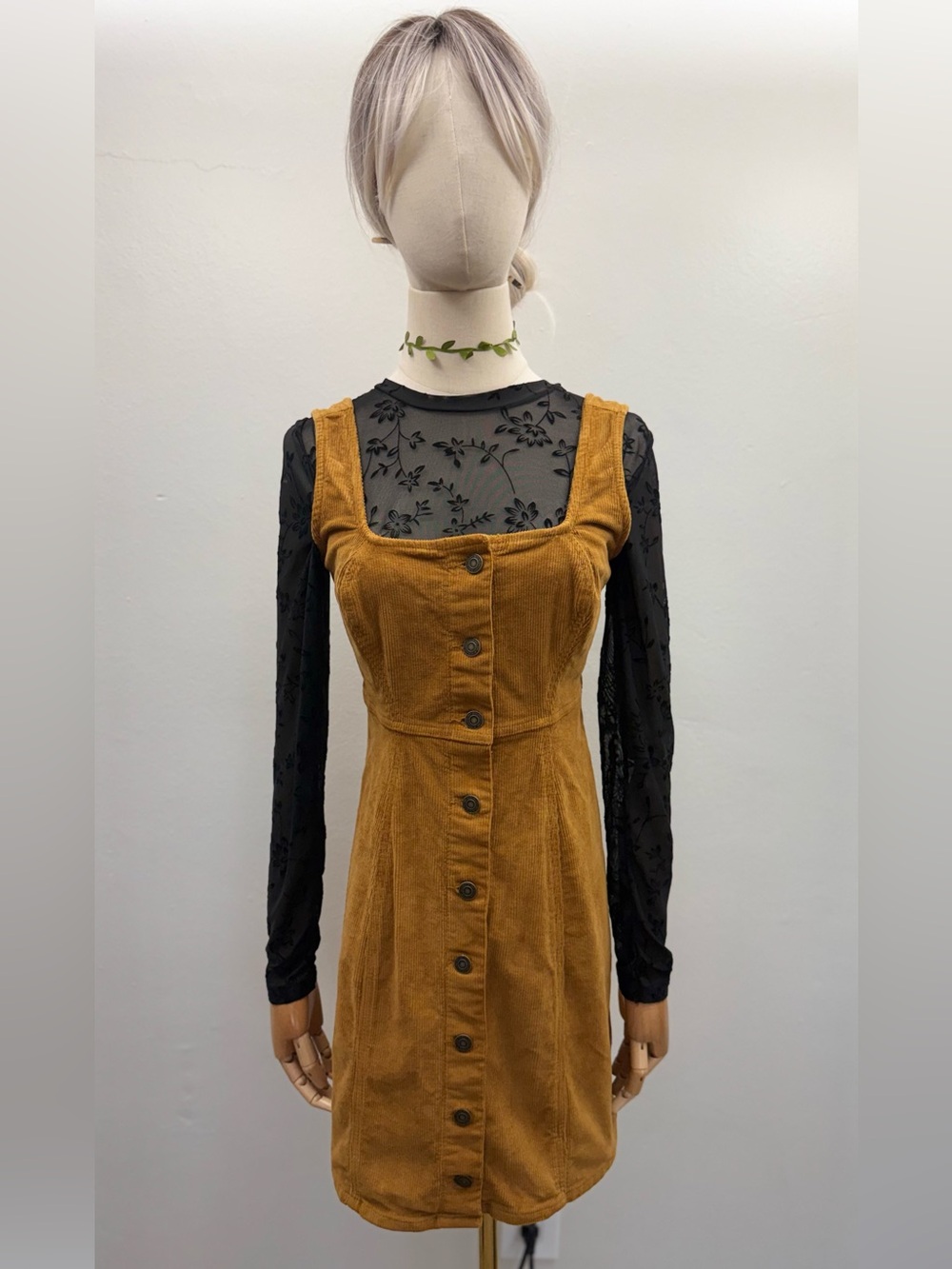 So Mustard Corduroy Button Front Mini Dress Size Small Square Neck